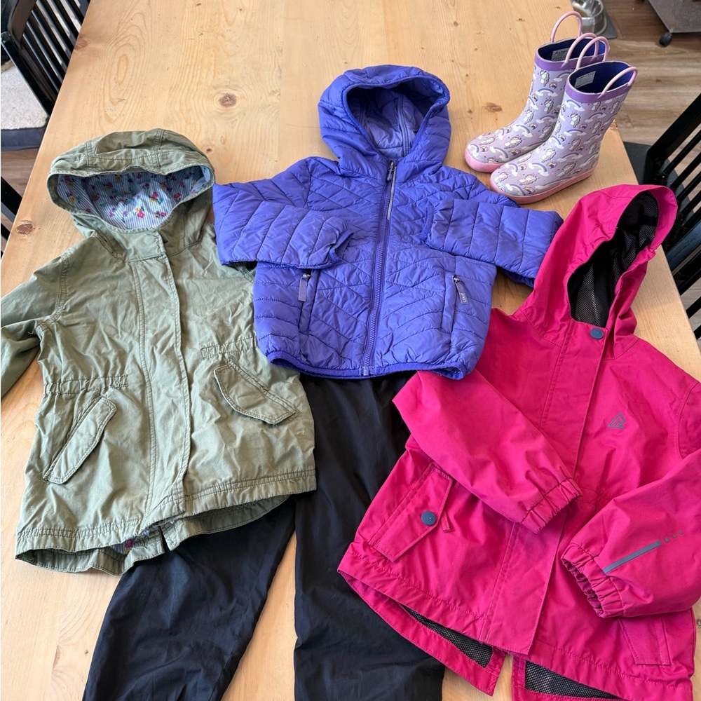 Lot of Girls Spring Mid Season Jackets Splash Pants Boots Outerwear Size 4-5T